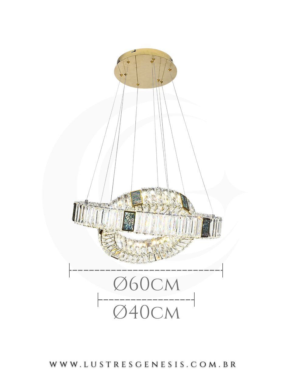 Lustre pendente aliança duplo de cristal Vortex Sindora, com dois aros sobrepostos, acabamento dourado e detalhes em cristal, indicado para sala de jantar, sala de estar e quartos. Medidas de 60cm e 40cm de diâmetro.